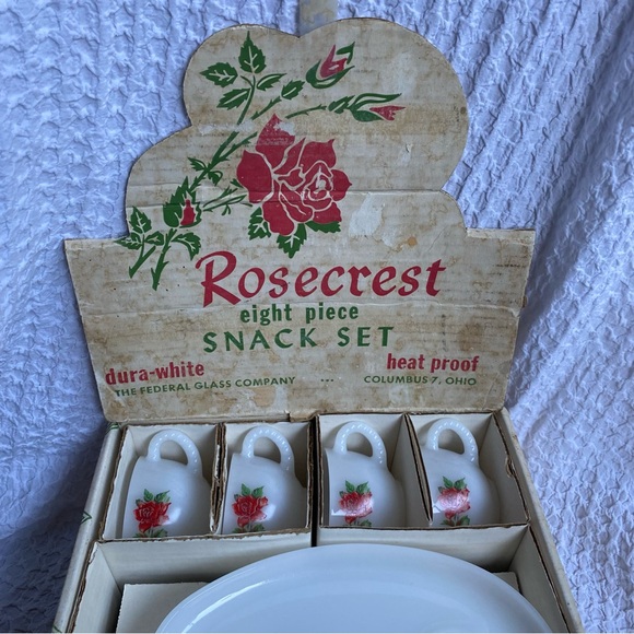 Vintage Federal Glass Rose Snack plate set with box 8 piece set white milk glass - Picture 3 of 10